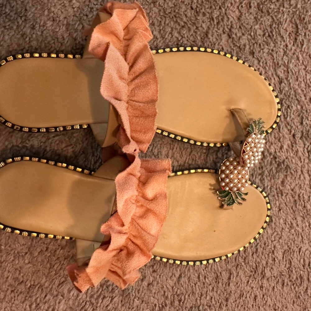 Ruffled Tan Sandals with Pineapple Accent